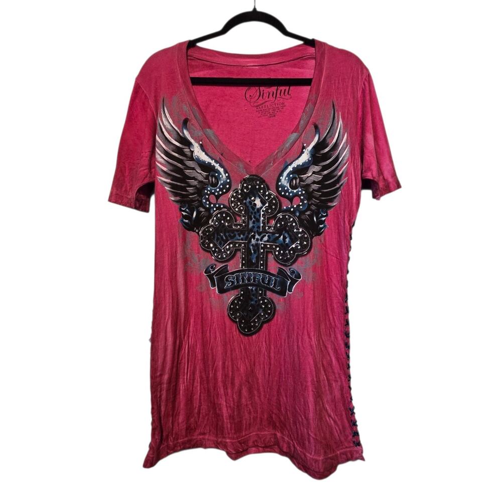 Vtg 90s Y2K Affliction Bling Wings Laceup T-Shirt Women LG Red Grunge Goth Biker - Picture 1 of 11